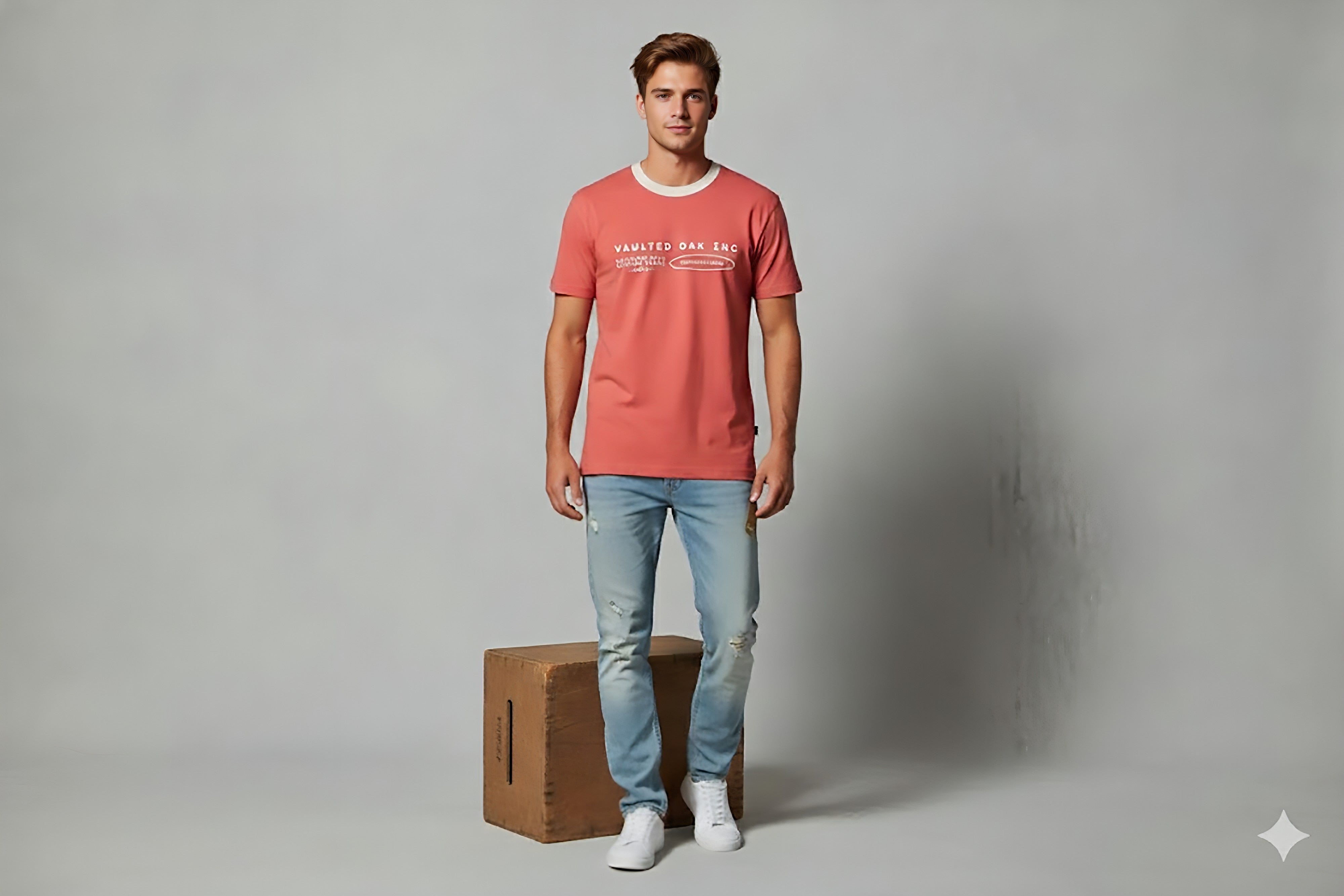 Man wearing a red t-shirt and light blue jeans standing on a wooden block against a gray background