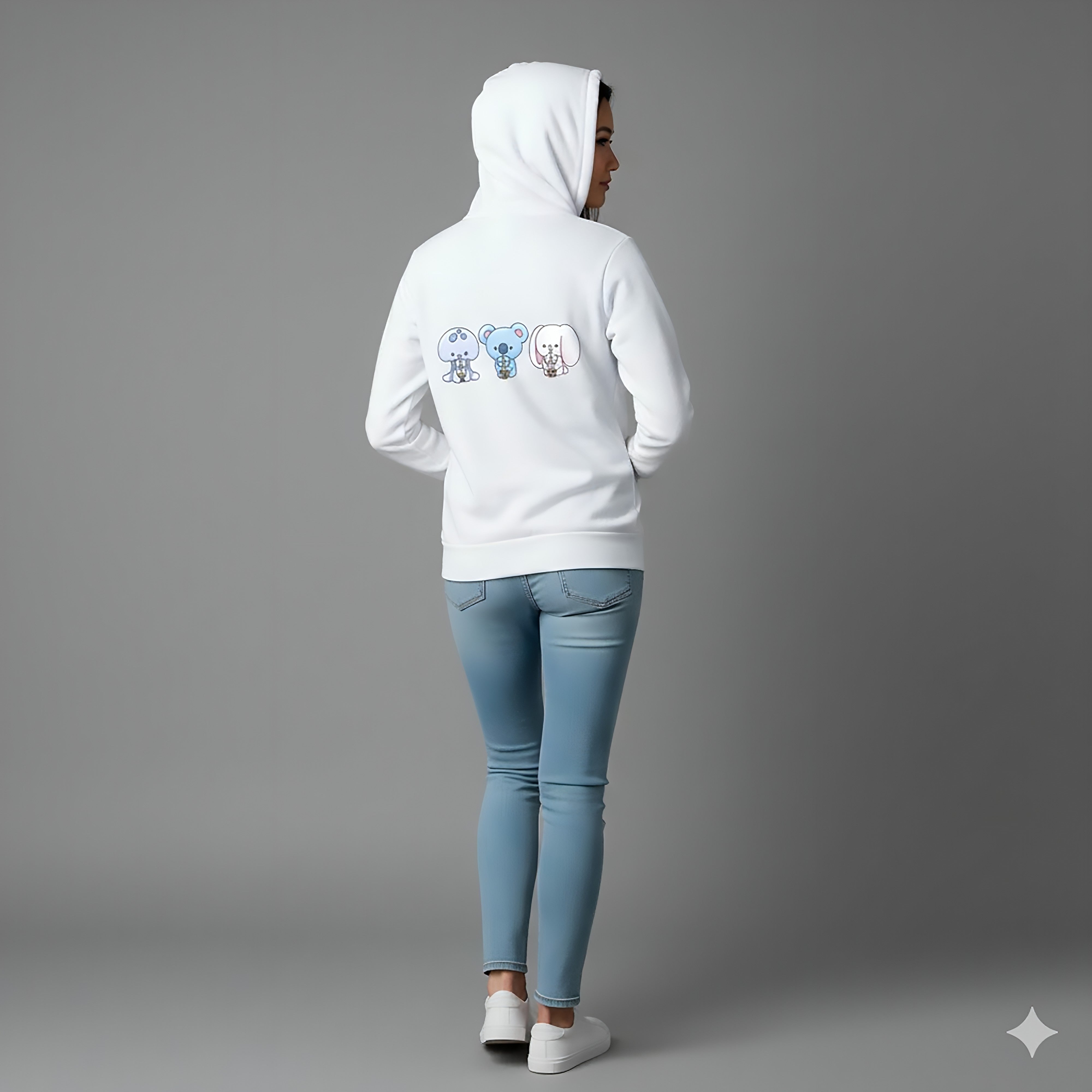 Person wearing a white hoodie with cartoon characters on the back against a gray background