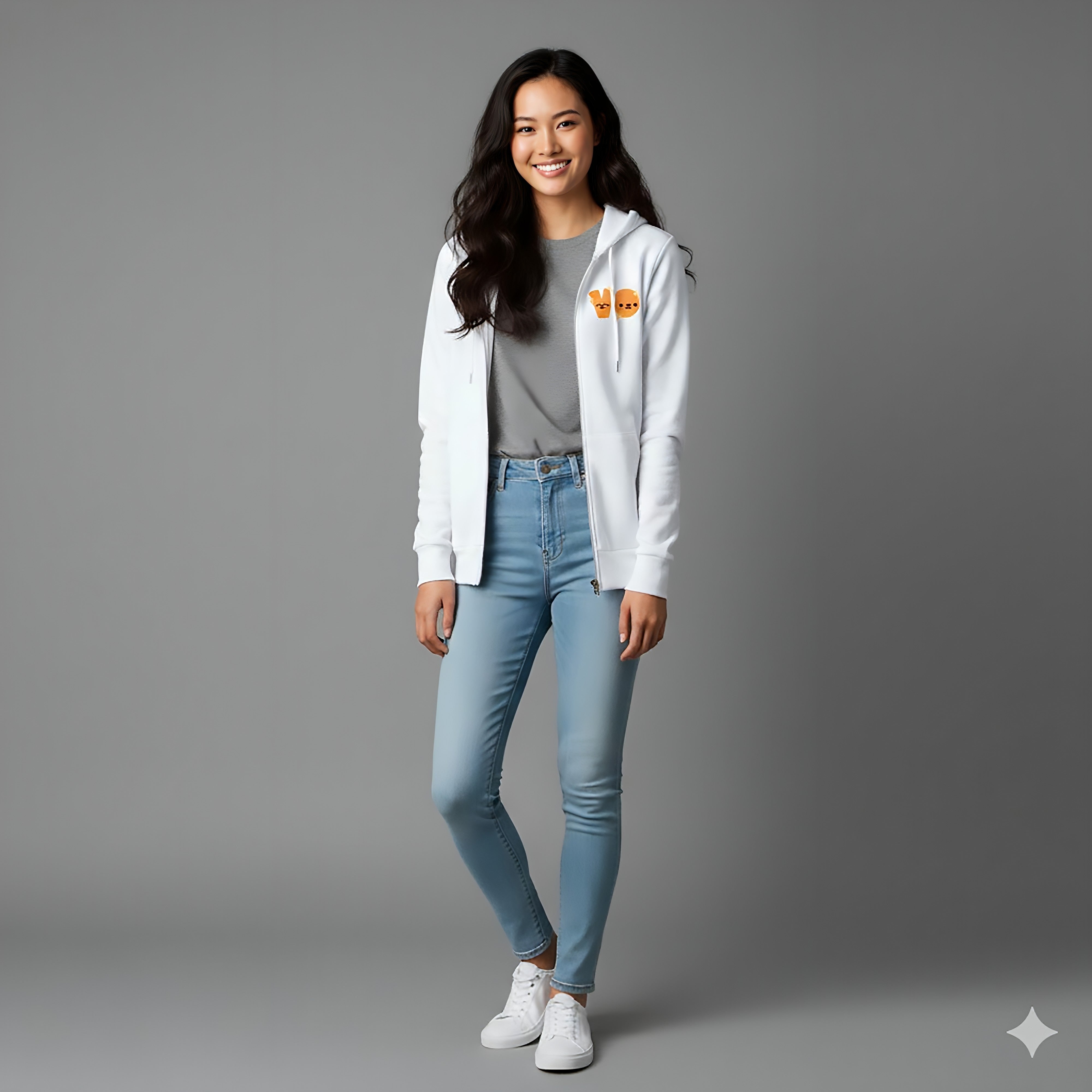 Woman wearing a white hoodie with a logo, light blue jeans, and white sneakers on a gray background